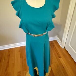 Chic Teal Midi Dress with Ruffle Sleeves